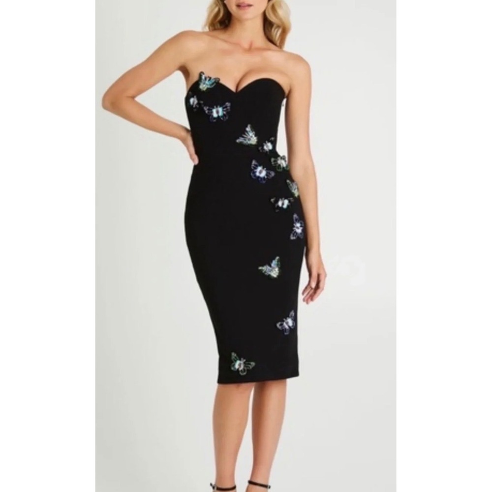 Strapless Black Midi Dress with Embroidered Butterflies